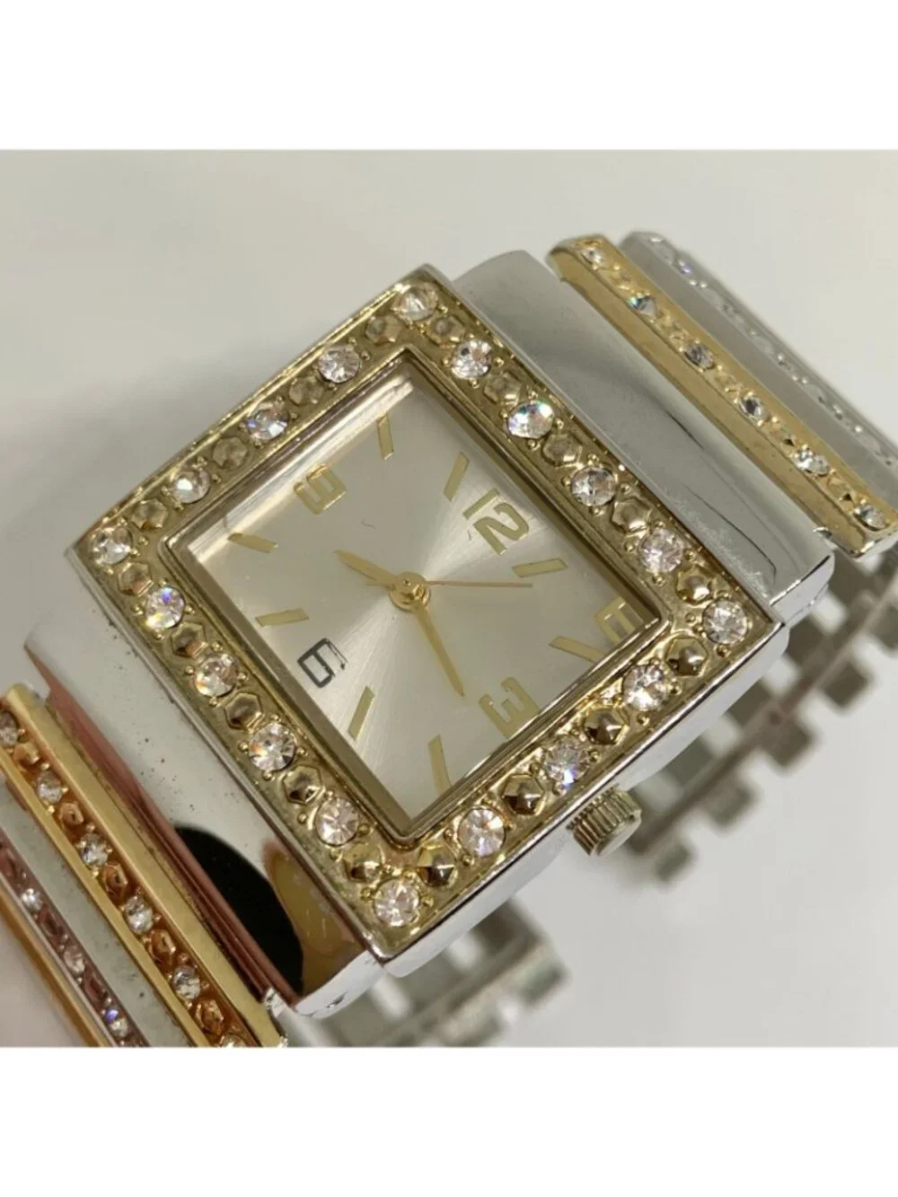 Women’s gold silver tone cuff bracelet watch 30mm rhinestones quartz 7” running